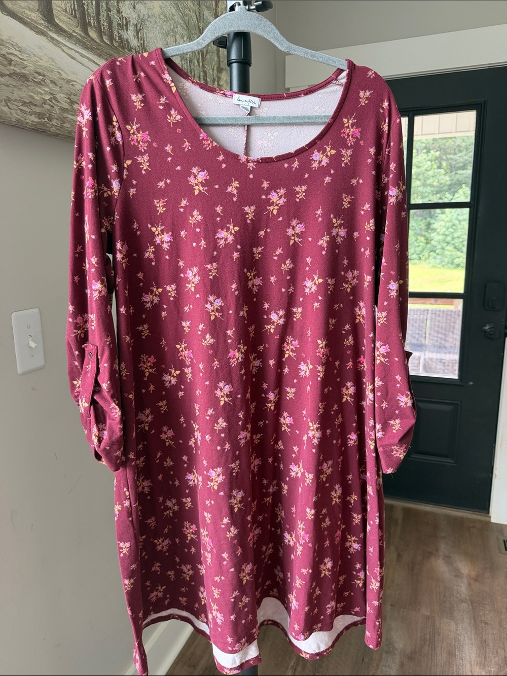 love, Fire Burgundy Floral Long Sleeve Tunic Dress